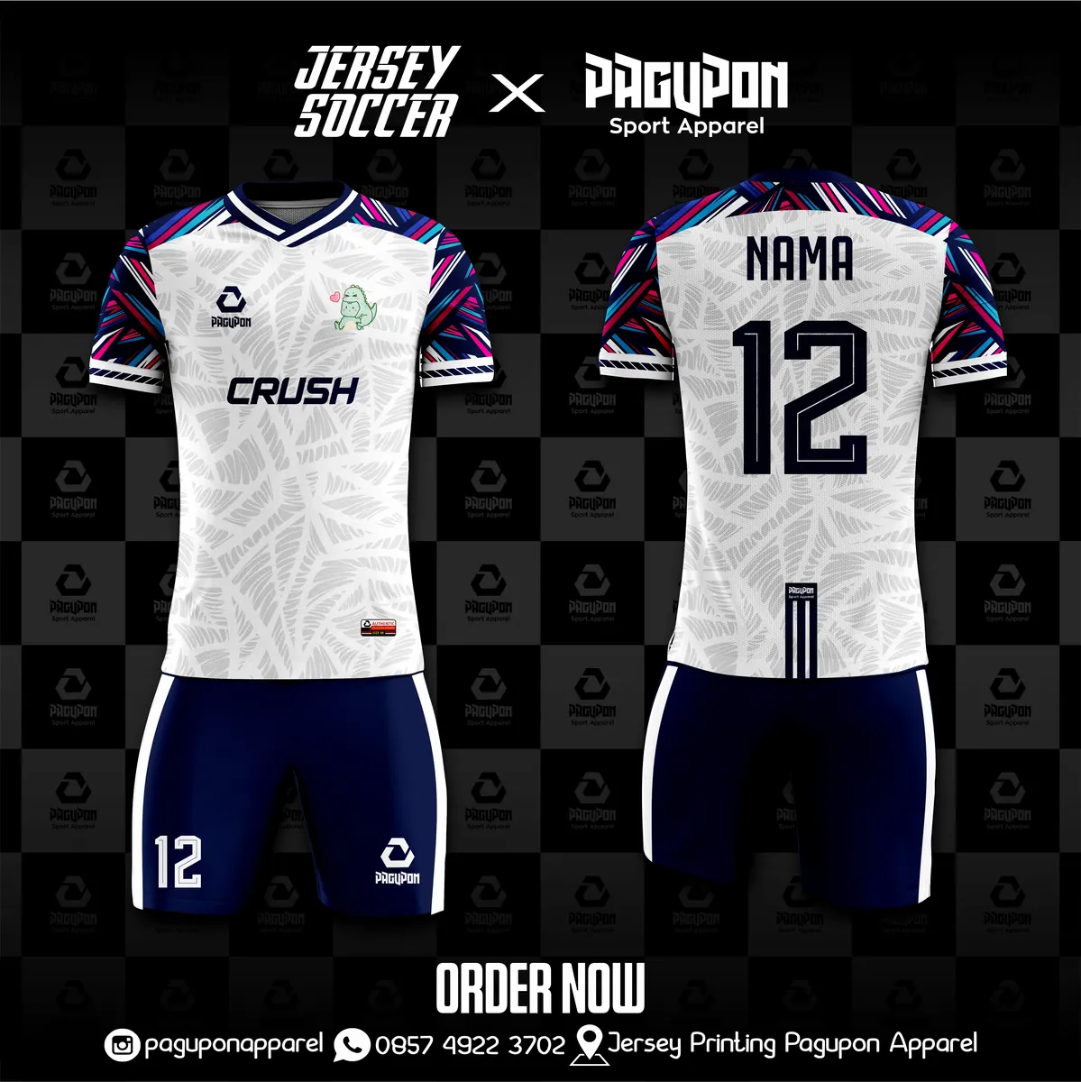 Jersey sepak bola custom Crush Putih, warna putih navy pink, kerah V-Neck, tampak depan dan belakang