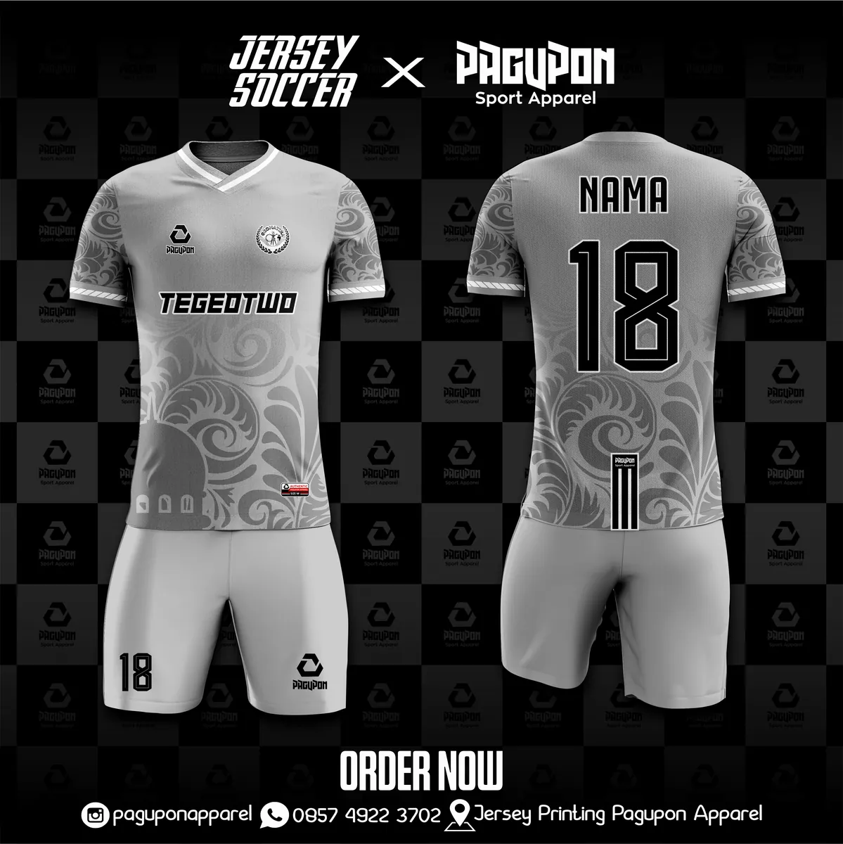 Jersey sepak bola custom Tegeotwo Abu-abu, warna abu-abu putih, kerah V-Neck, tampak depan dan belakang