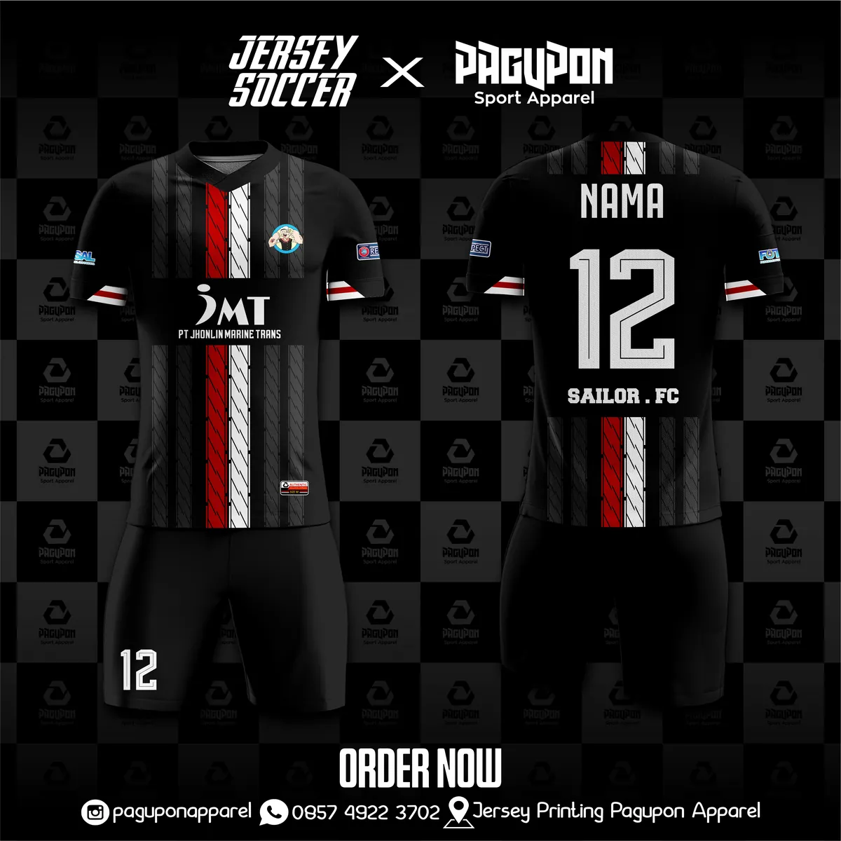 Jersey sepak bola custom Sailor FC Hitam, warna hitam merah putih, kerah V-Neck, tampak depan dan belakang