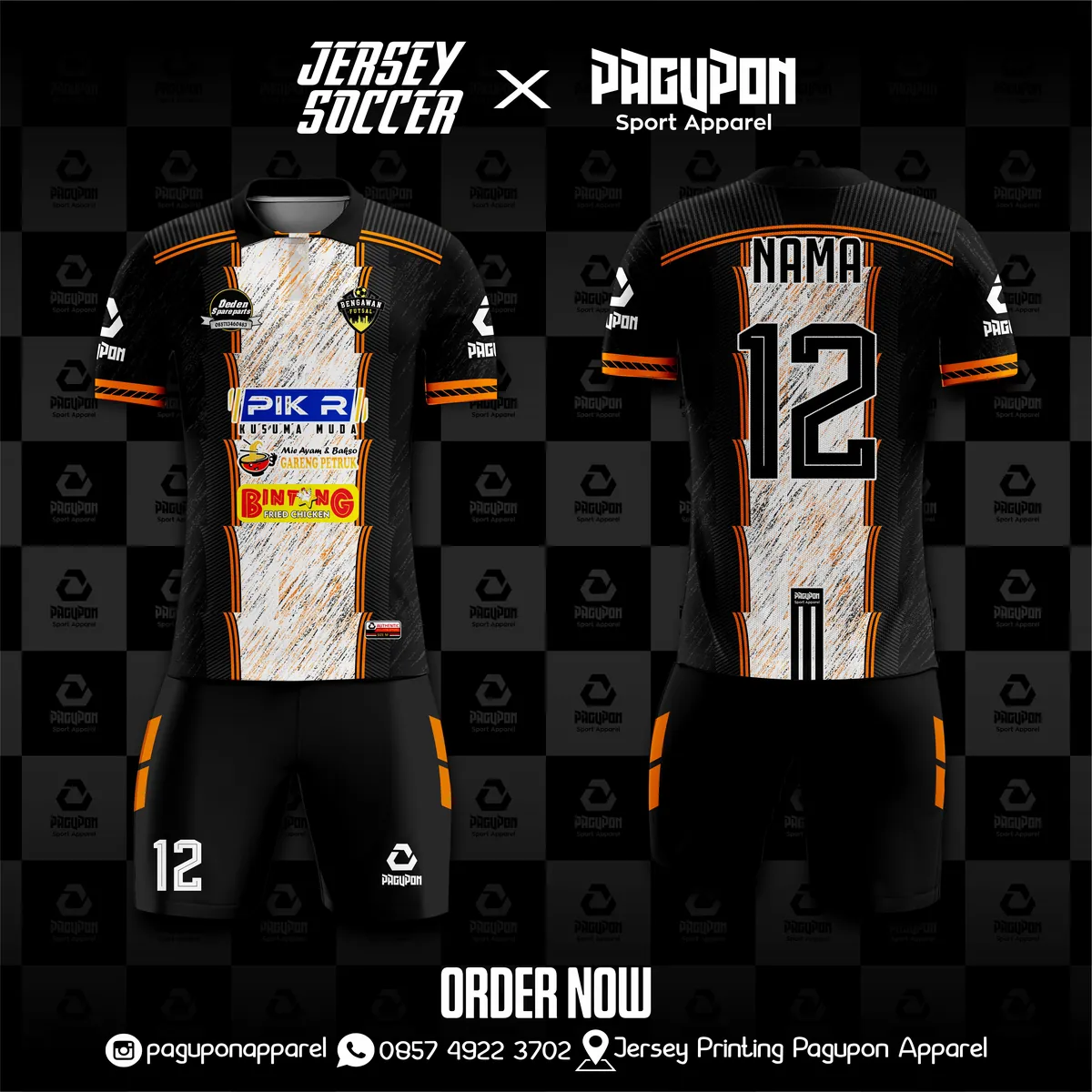Jersey sepak bola custom Topel Dawung Hitam, warna hitam putih oranye, kerah Polo, tampak depan dan belakang