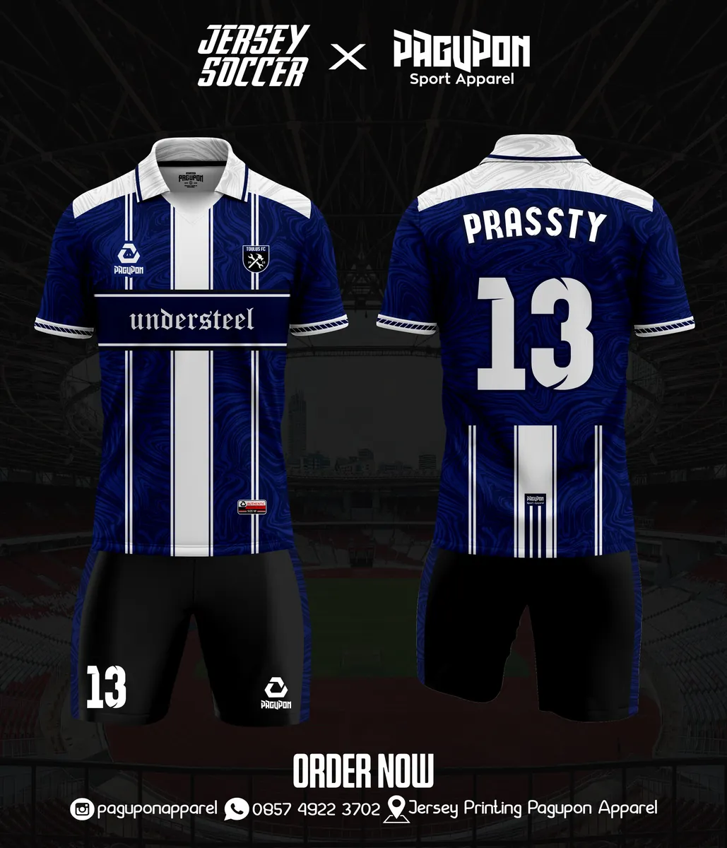 Jersey sepak bola custom Understeel Hijau, warna hijau putih, kerah Polo, tampak depan dan belakang, varian 2