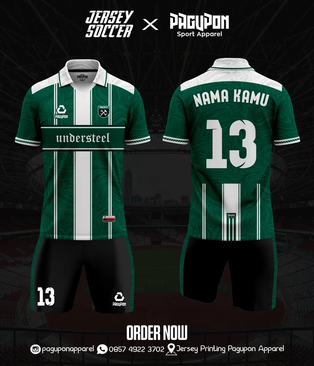 Jersey sepak bola custom Understeel Hijau, warna hijau putih, kerah Polo, tampak depan dan belakang