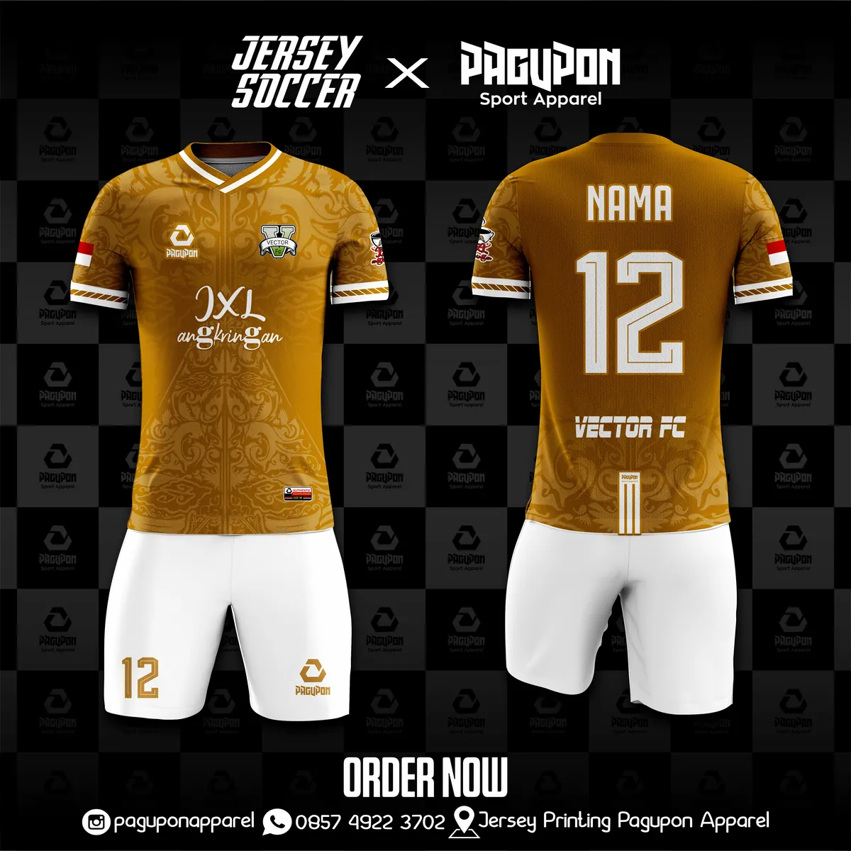 Jersey sepak bola custom Vector FC Putih, warna putih emas, kerah V-Neck, tampak depan dan belakang, varian 2