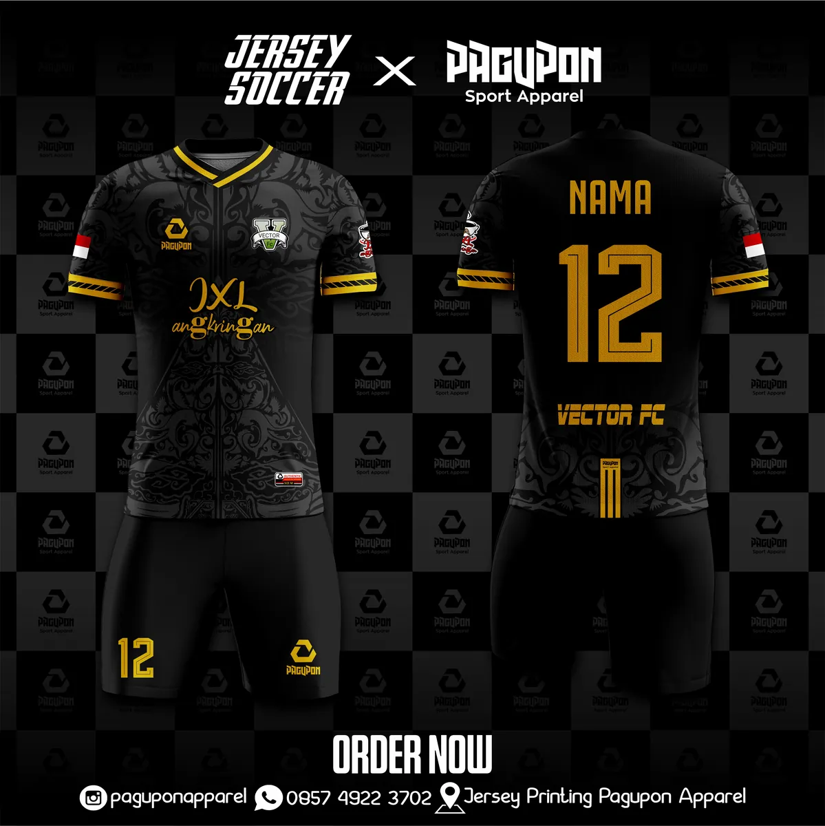 Jersey sepak bola custom Vector FC Putih, warna putih emas, kerah V-Neck, tampak depan dan belakang, varian 3