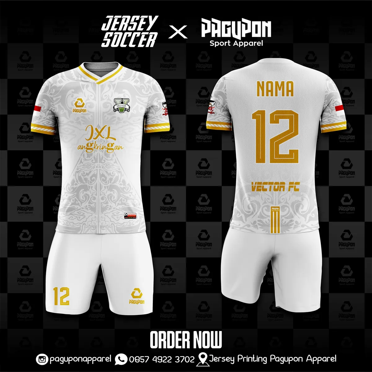 Jersey sepak bola custom Vector FC Putih, warna putih emas, kerah V-Neck, tampak depan dan belakang