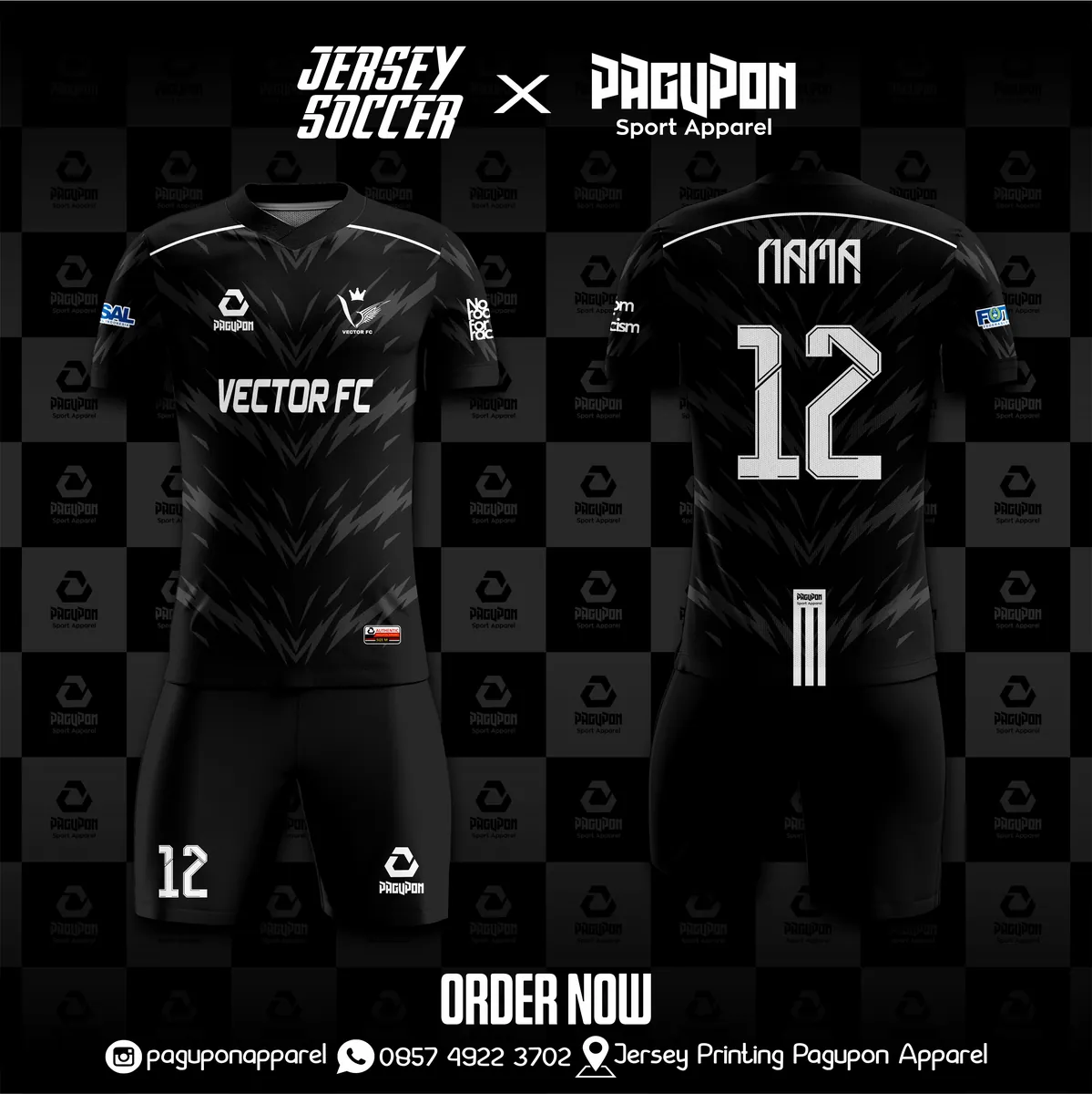 Jersey sepak bola custom Vector FC Biru, warna biru putih, kerah V-Neck, tampak depan dan belakang, varian 2