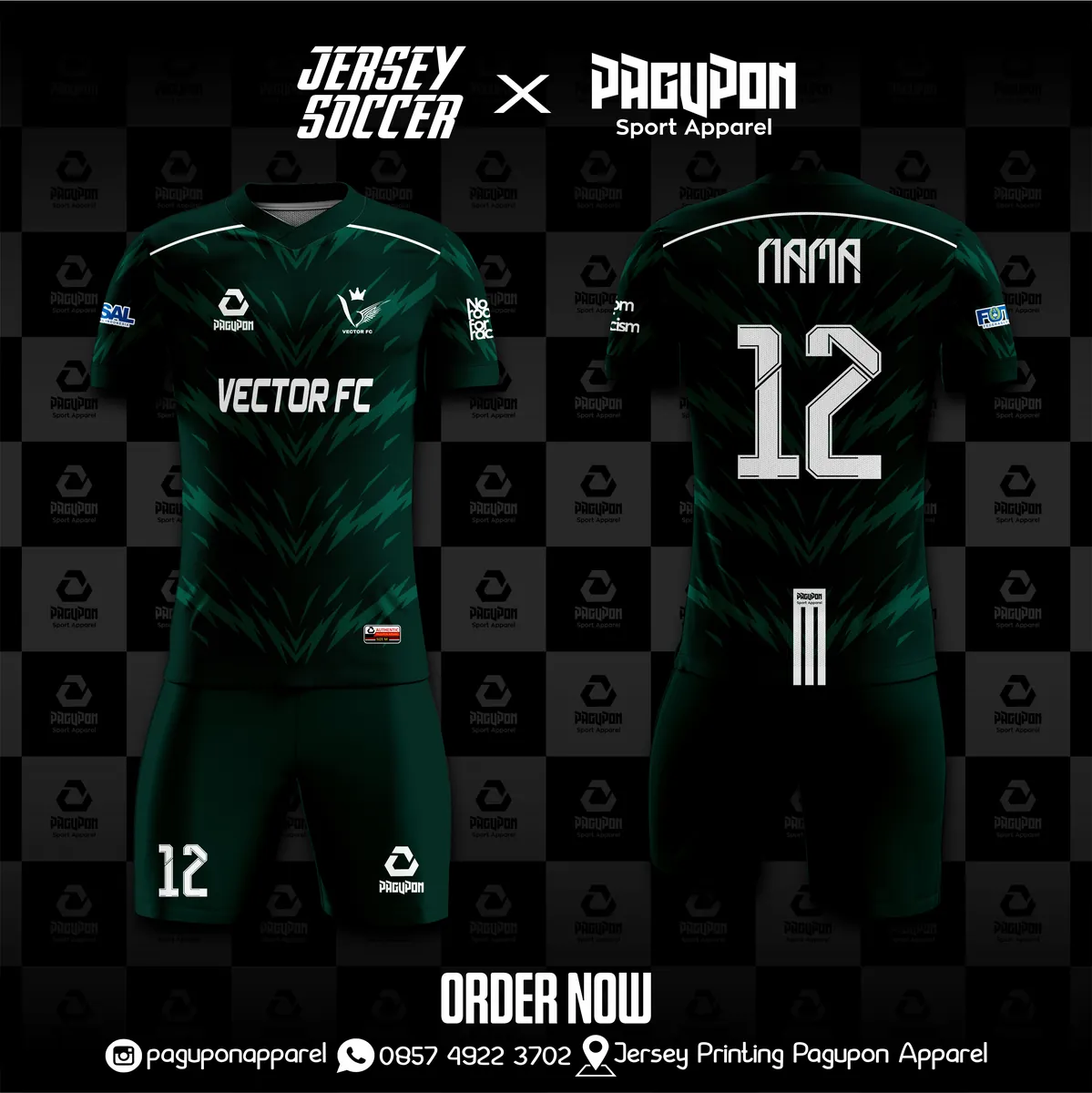Jersey sepak bola custom Vector FC Biru, warna biru putih, kerah V-Neck, tampak depan dan belakang, varian 3