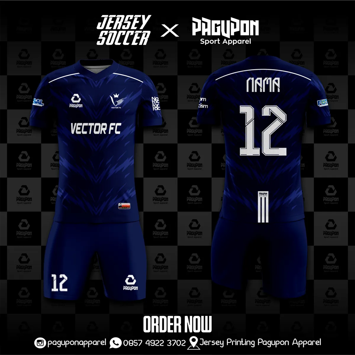 Jersey sepak bola custom Vector FC Biru, warna biru putih, kerah V-Neck, tampak depan dan belakang, varian 4