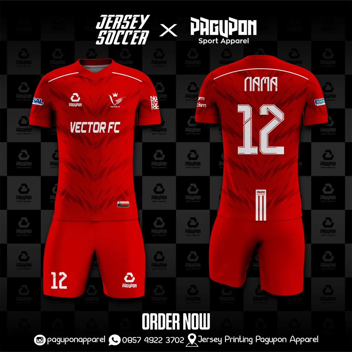 Jersey sepak bola custom Vector FC Biru, warna biru putih, kerah V-Neck, tampak depan dan belakang, varian 5