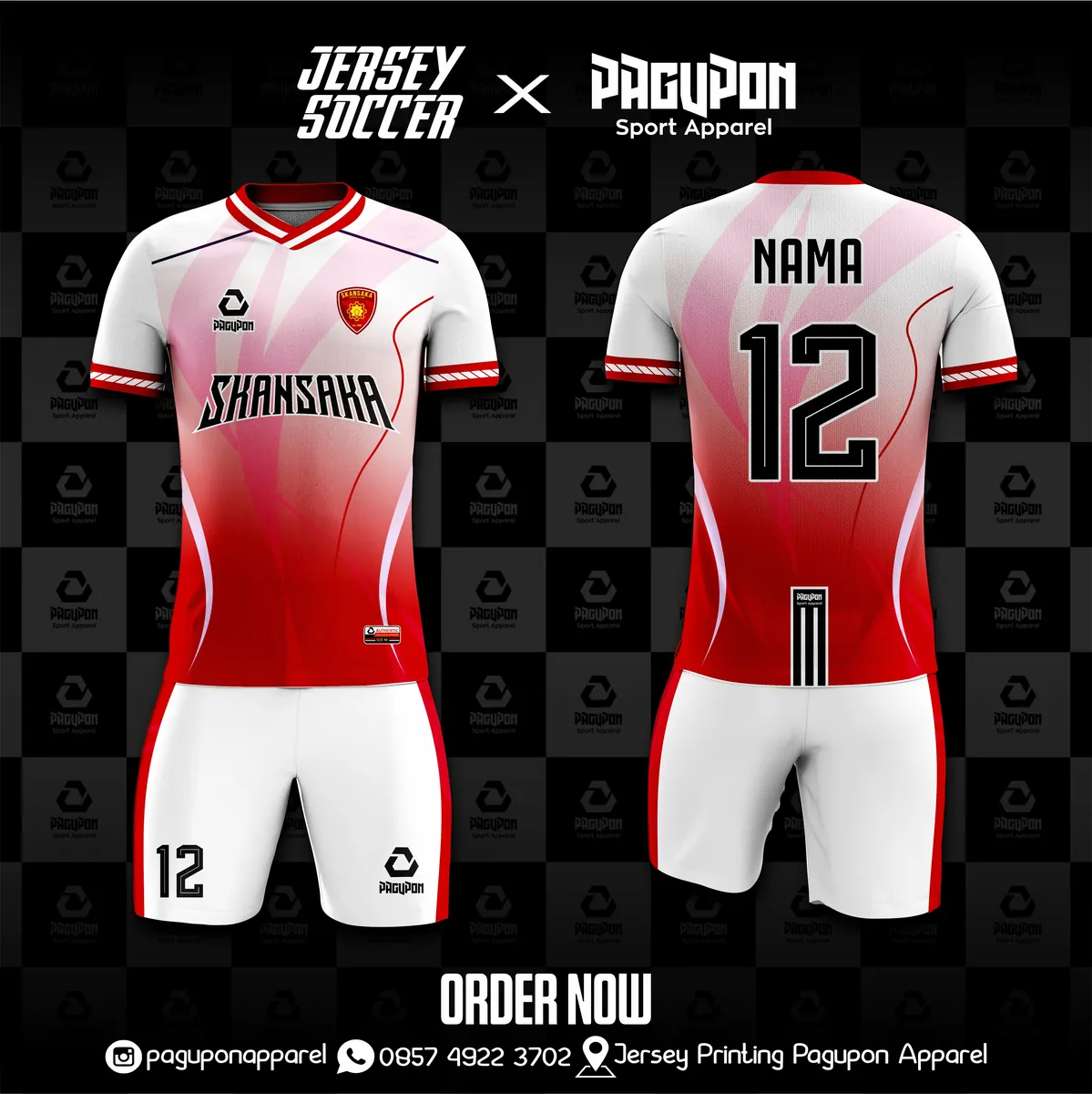Jersey sekolah dan kelas custom Skansaka Pink, warna pink hitam, kerah V-Neck, tampak depan dan belakang, varian 3