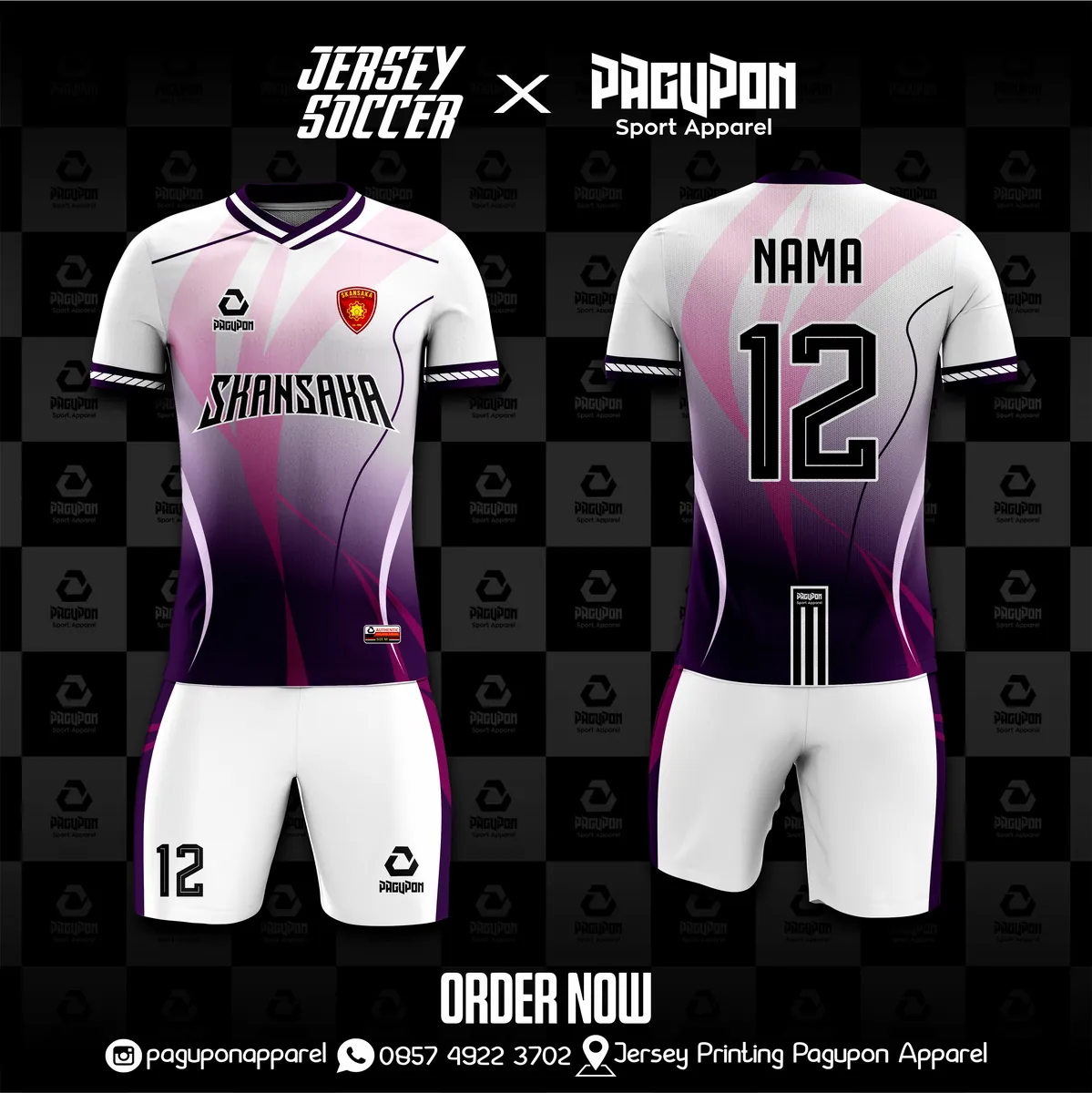 Jersey sekolah dan kelas custom Skansaka Pink, warna pink hitam, kerah V-Neck, tampak depan dan belakang, varian 5