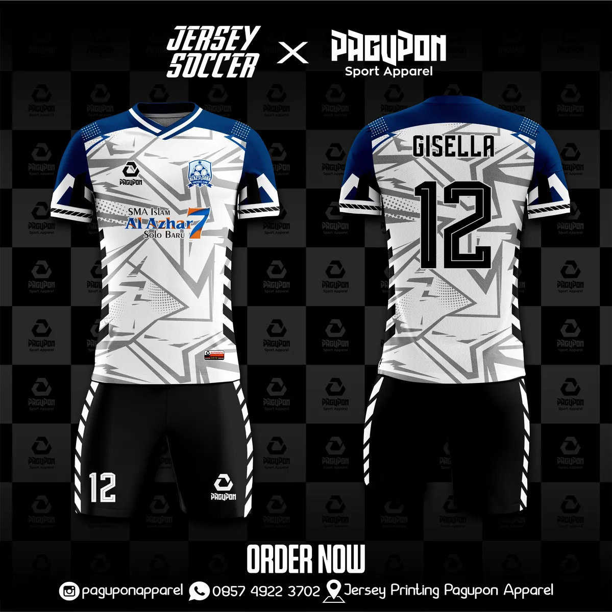 Jersey sekolah dan kelas custom SMA Islam Al Azhar 7 Putih, warna putih navy, kerah V-Neck, tampak depan dan belakang, varian 2