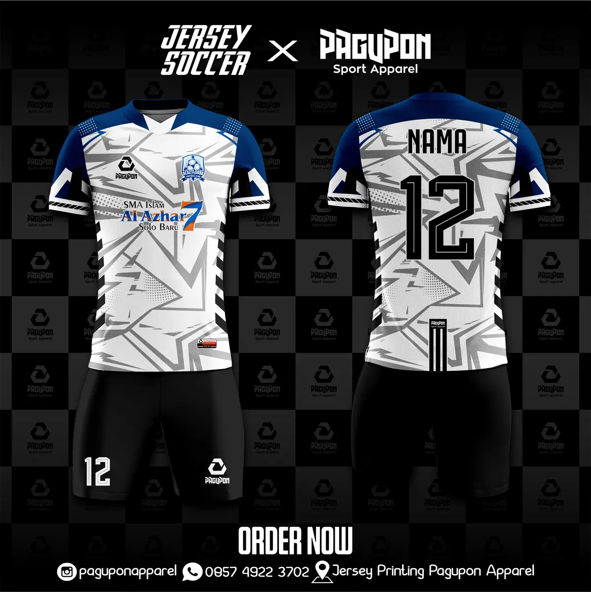 Jersey sekolah dan kelas custom SMA Islam Al Azhar 7 Putih, warna putih navy, kerah V-Neck, tampak depan dan belakang