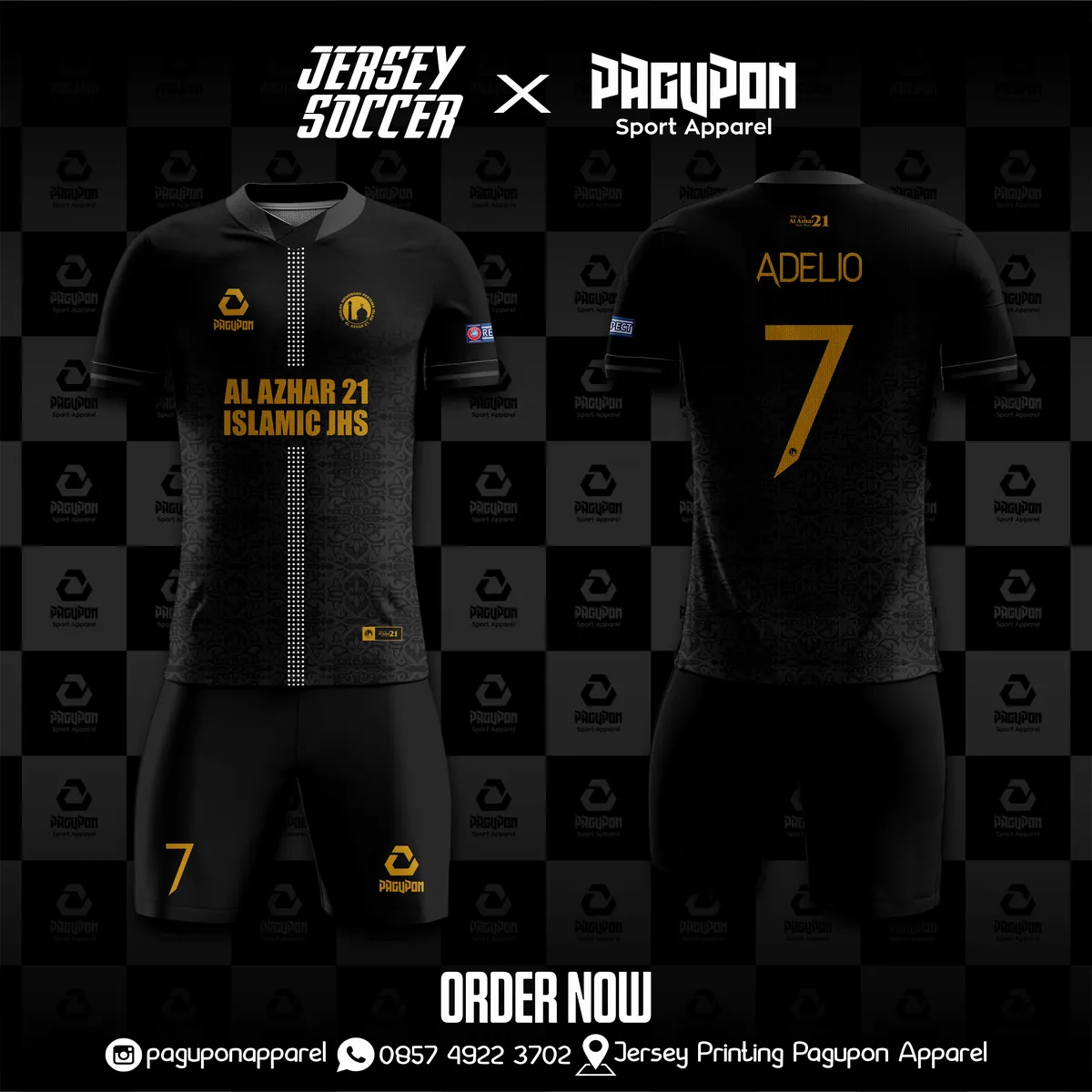 Jersey sekolah dan kelas custom Al Azhar 21 Islamic JHS Hitam, warna hitam emas, kerah Polo, tampak depan dan belakang