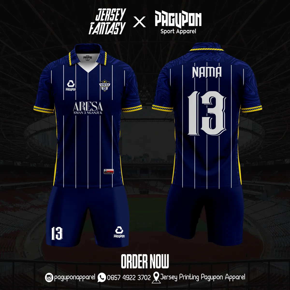 Jersey sekolah dan kelas custom Aresa SMAN 3 Nganjuk Abu-abu, warna abu-abu kuning, kerah Polo, tampak depan dan belakang, varian 2
