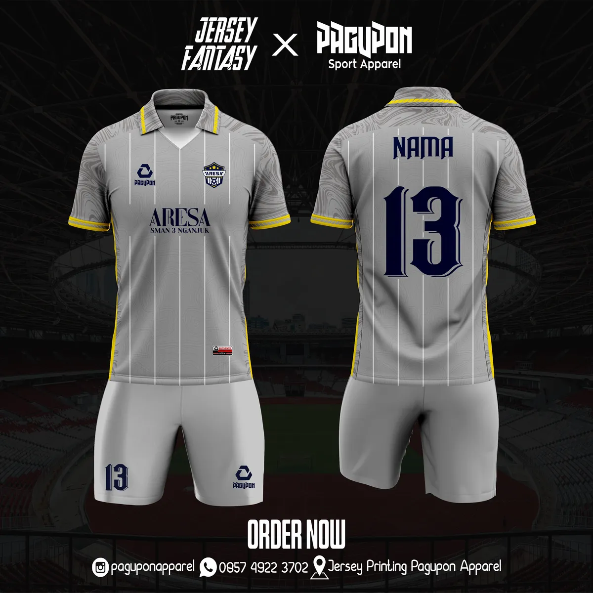 Jersey sekolah dan kelas custom Aresa SMAN 3 Nganjuk Abu-abu, warna abu-abu kuning, kerah Polo, tampak depan dan belakang