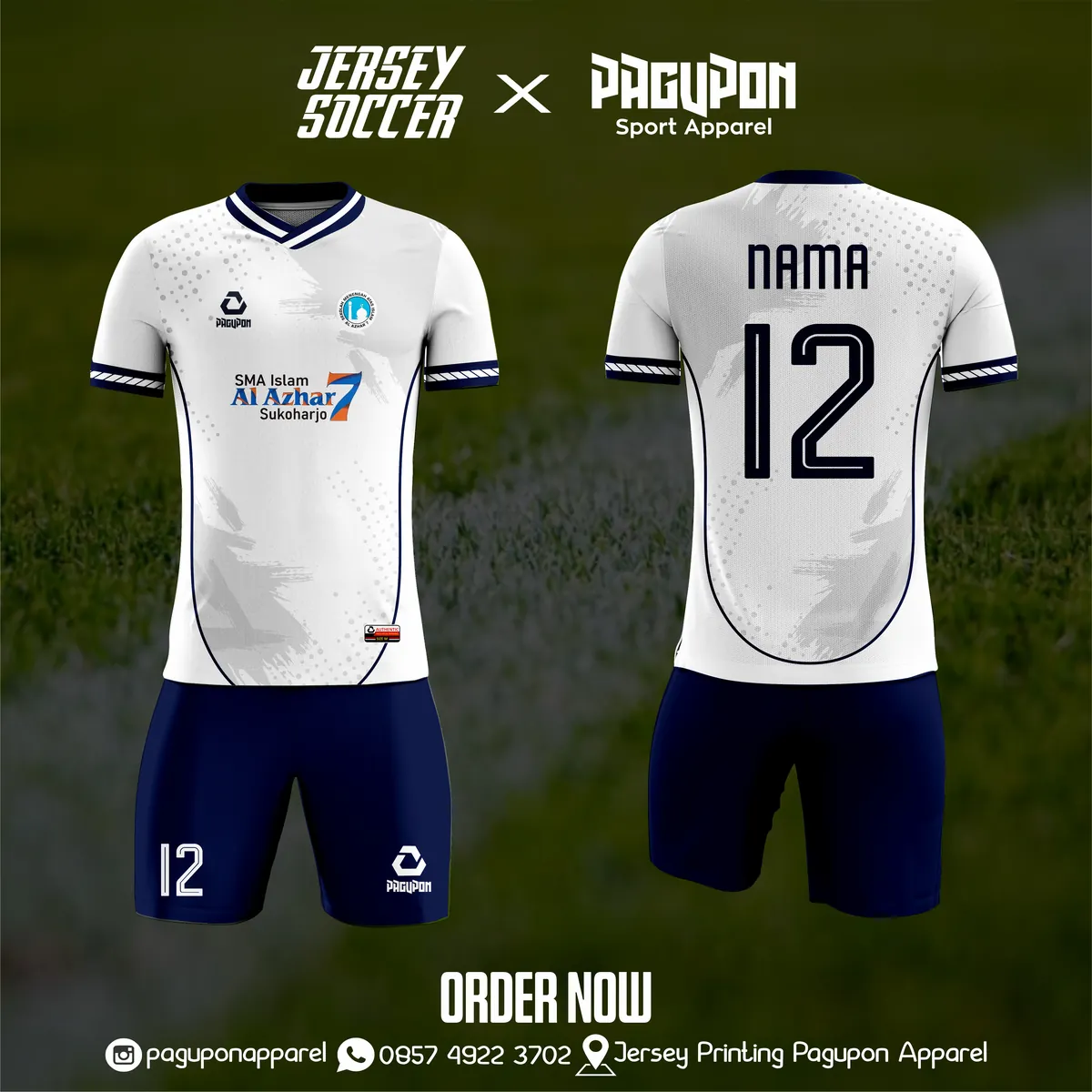 Jersey sekolah dan kelas custom SMA Islam Al Azhar 7 Putih Navy, warna putih navy, kerah V-Neck, tampak depan dan belakang