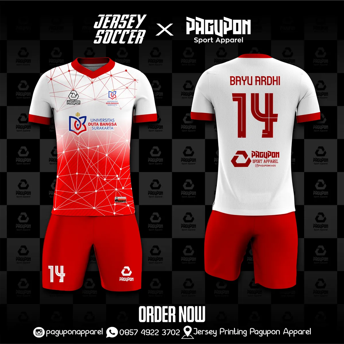 Jersey sekolah dan kelas custom Universitas Duta Bangsa Putih, warna putih merah, kerah O-Neck, tampak depan dan belakang