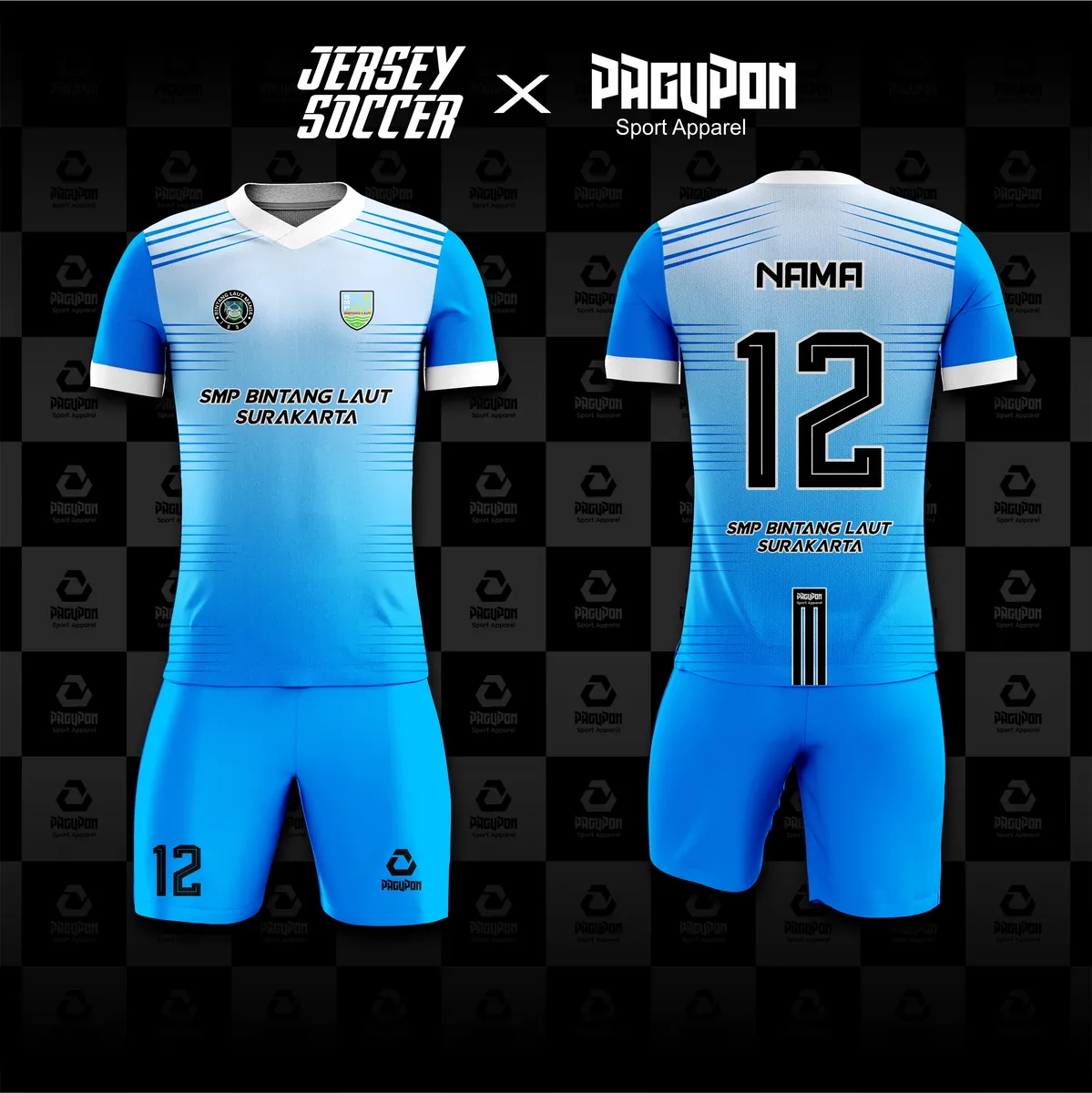 Jersey sekolah dan kelas custom SMP Bintang Laut Surakarta Hitam, warna hitam merah, kerah V-Neck, tampak depan dan belakang, varian 2