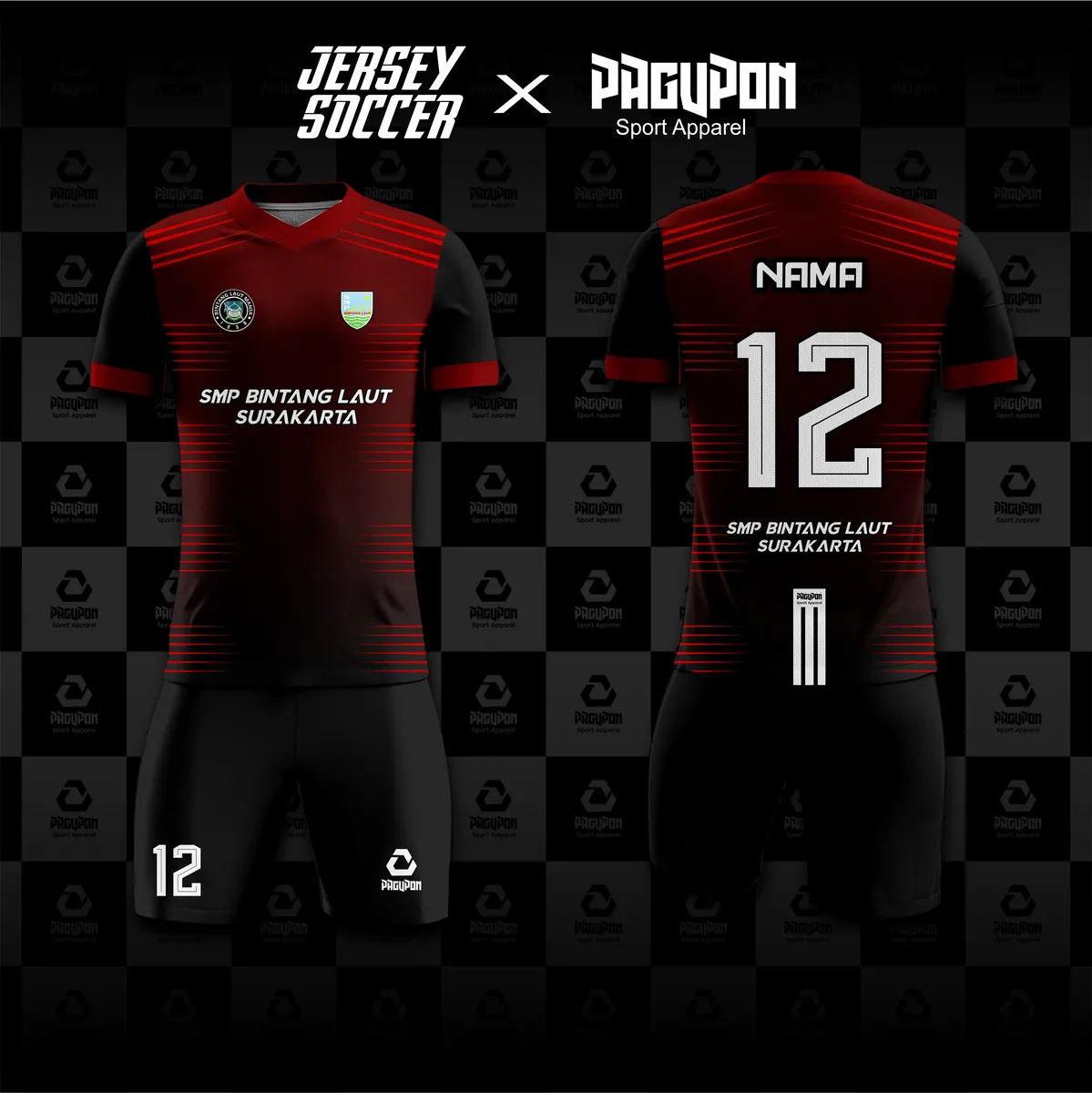 Jersey sekolah dan kelas custom SMP Bintang Laut Surakarta Hitam, warna hitam merah, kerah V-Neck, tampak depan dan belakang