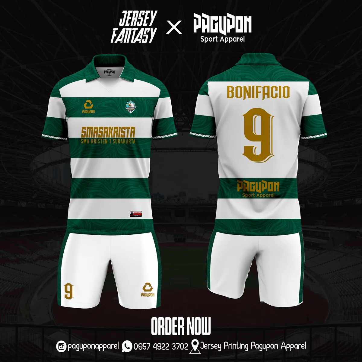 Jersey sekolah dan kelas custom Smasakrista Hijau, warna hijau putih, kerah Polo, tampak depan dan belakang