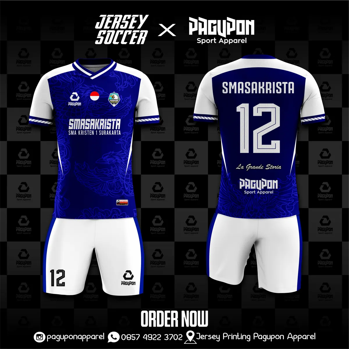 Jersey sekolah dan kelas custom Smasakrista Kuning, warna kuning hijau, kerah V-Neck, tampak depan dan belakang, varian 2
