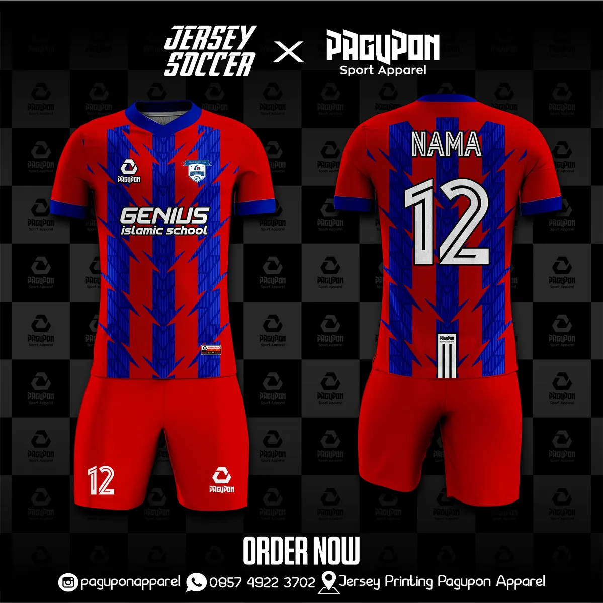 Jersey sekolah dan kelas custom Genius Islamic School Biru Muda, warna biru muda biru, kerah V-Neck, tampak depan dan belakang, varian 2