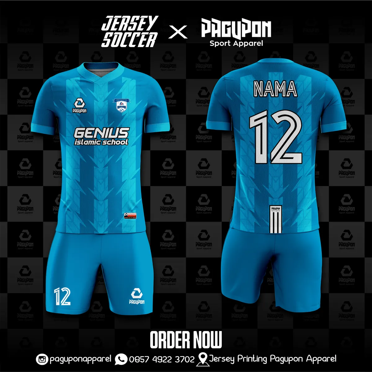 Jersey sekolah dan kelas custom Genius Islamic School Biru Muda, warna biru muda biru, kerah V-Neck, tampak depan dan belakang