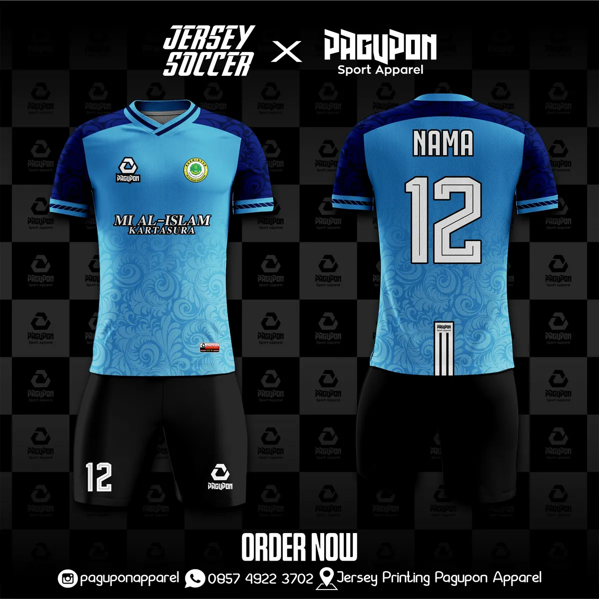 Jersey sekolah dan kelas custom MI Al-Islam Kartasura Maroon, warna maroon putih, kerah V-Neck, tampak depan dan belakang, varian 2