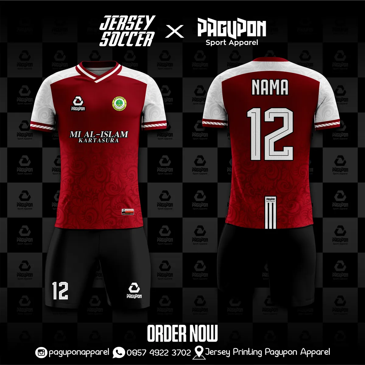 Jersey sekolah dan kelas custom MI Al-Islam Kartasura Maroon, warna maroon putih, kerah V-Neck, tampak depan dan belakang