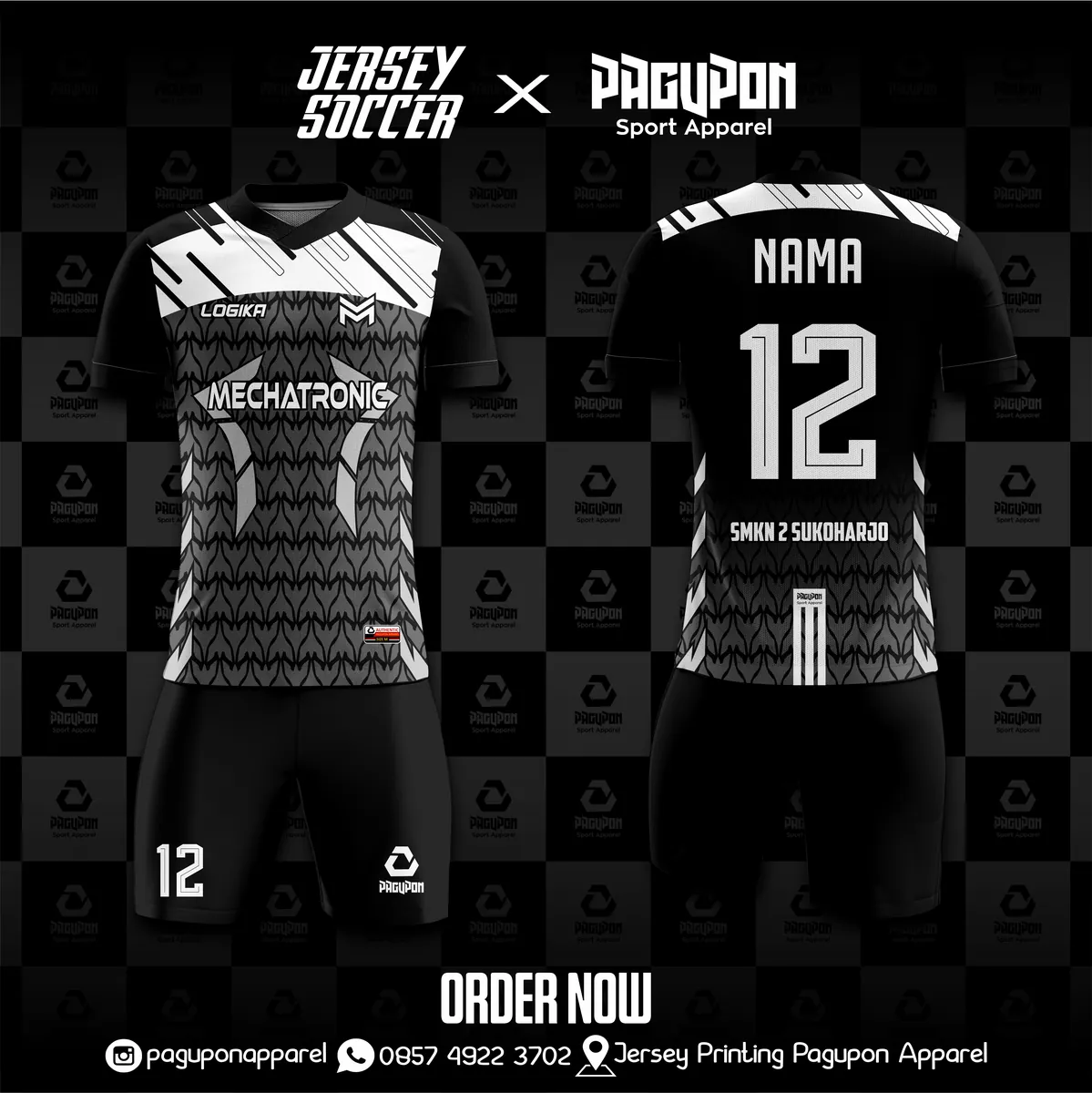 Jersey sekolah dan kelas custom Mechatronic SMKN 2 Sukoharjo Hitam, warna hitam abu-abu, kerah V-Neck, tampak depan dan belakang