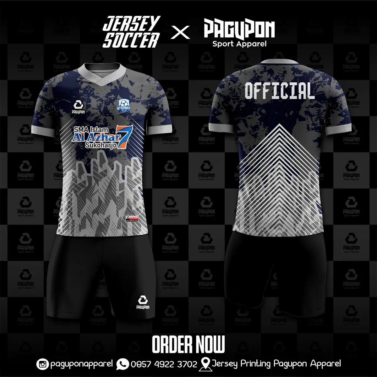 Jersey sekolah dan kelas custom SMA Islam Al Azhar 7 Hijau, warna hijau kuning, kerah Polo, tampak depan dan belakang, varian 2