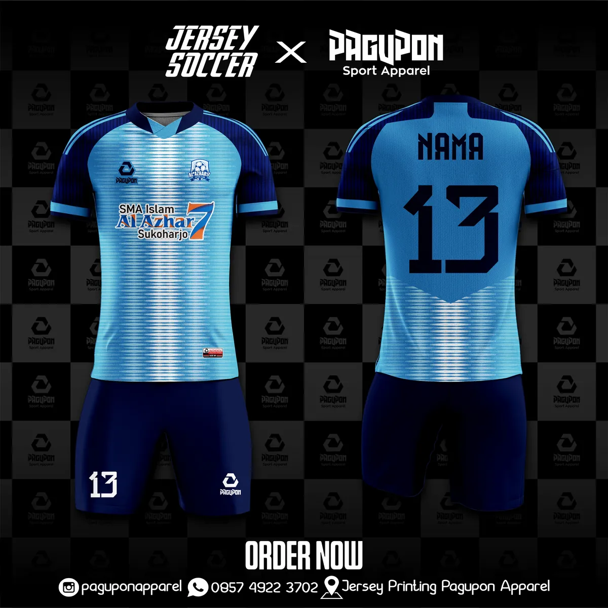 Jersey sekolah dan kelas custom SMA Islam Al Azhar 7 Hijau, warna hijau kuning, kerah Polo, tampak depan dan belakang, varian 3