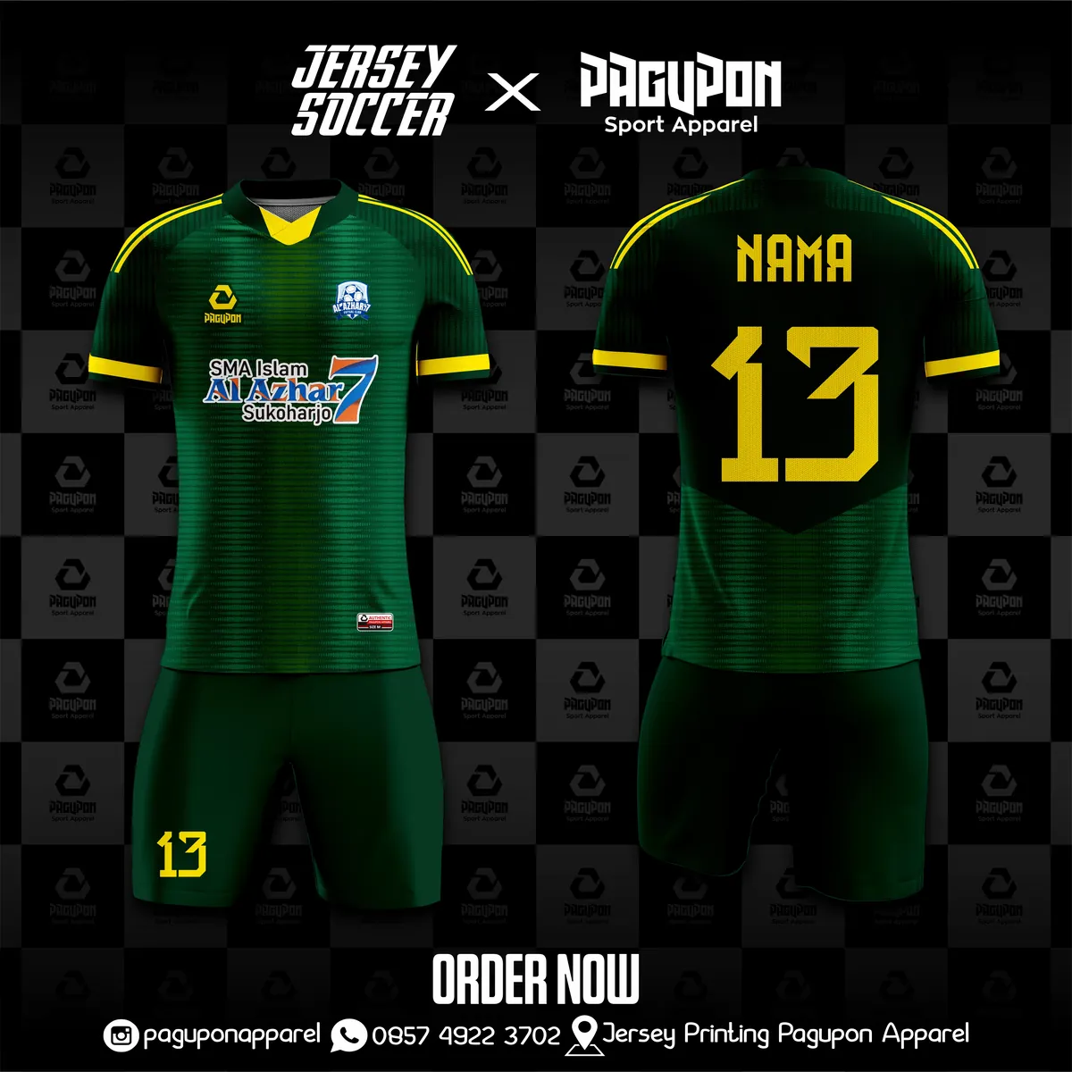 Jersey sekolah dan kelas custom SMA Islam Al Azhar 7 Hijau, warna hijau kuning, kerah Polo, tampak depan dan belakang