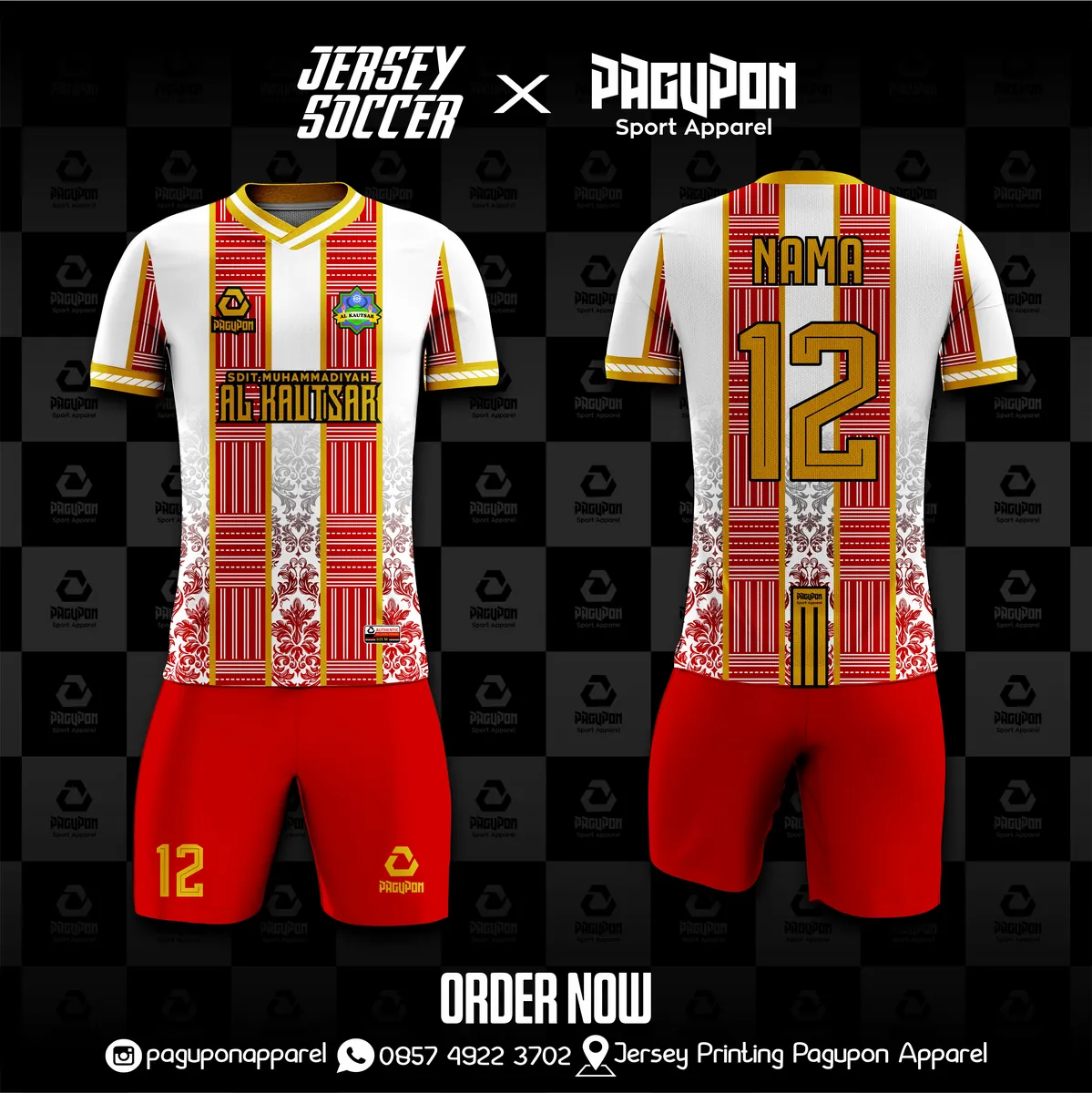 Jersey sekolah dan kelas custom SDIT Muhammadiyah Al-Kautsar Putih, warna putih merah emas, kerah V-Neck, tampak depan dan belakang