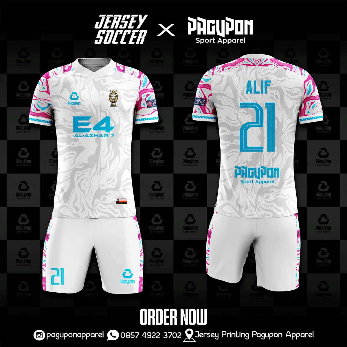 Jersey sekolah dan kelas custom E4 Al Azhar 7 Putih, warna putih pink biru muda, kerah O-Neck, tampak depan dan belakang