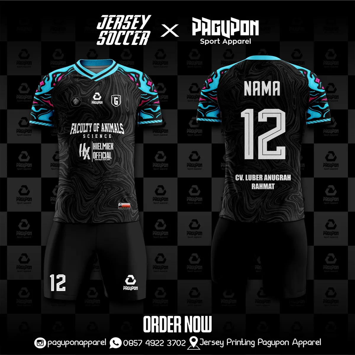 Jersey sekolah dan kelas custom Faculty of Animals Science Hitam, warna hitam biru muda, kerah V-Neck, tampak depan dan belakang