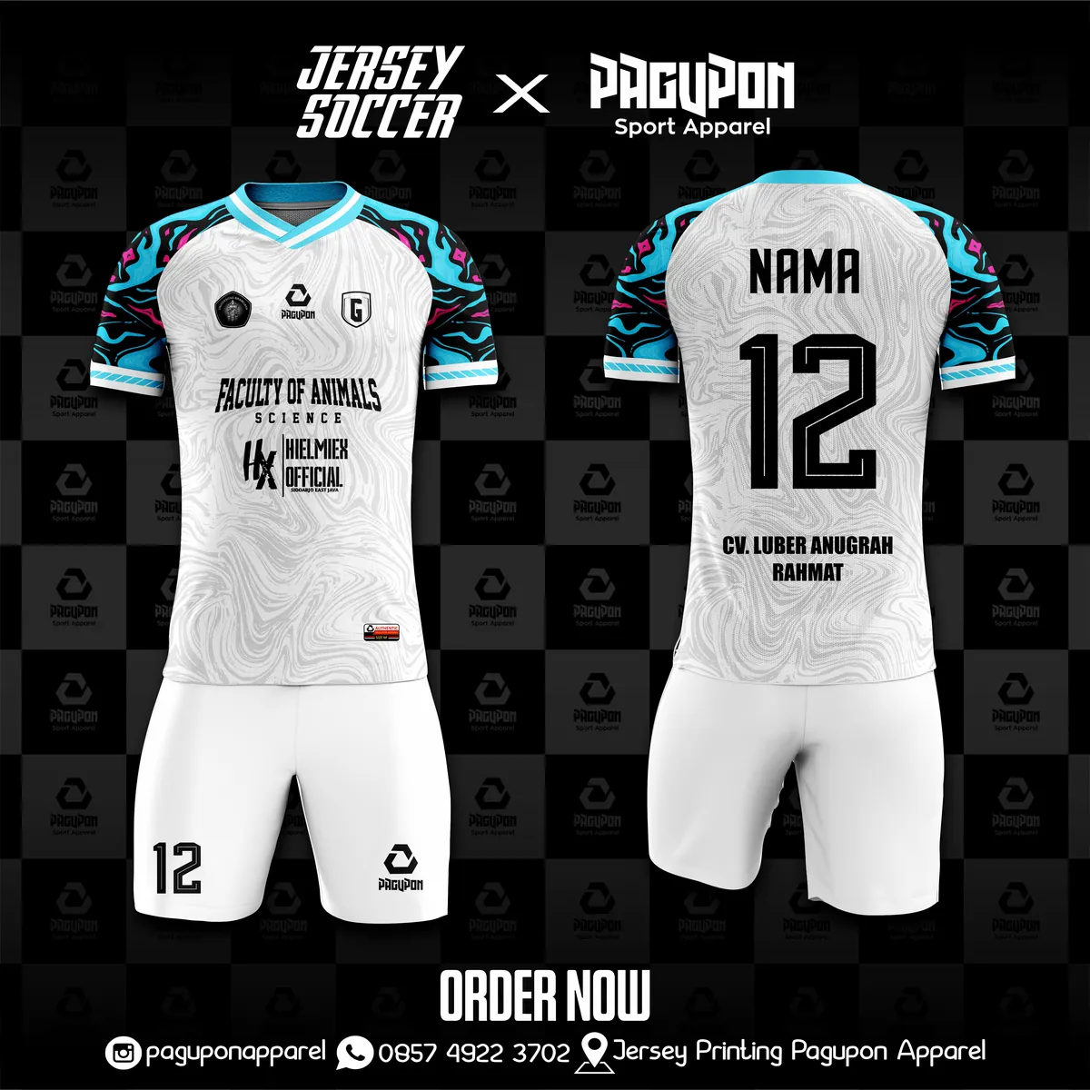 Jersey sekolah dan kelas custom Faculty of Animals Science Putih, warna putih biru muda, kerah V-Neck, tampak depan dan belakang