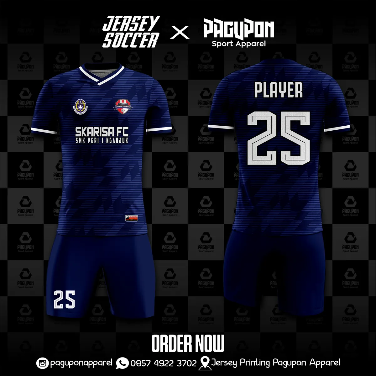 Jersey sekolah dan kelas custom Skarisa FC Biru, warna biru putih, kerah V-Neck, tampak depan dan belakang, varian 2