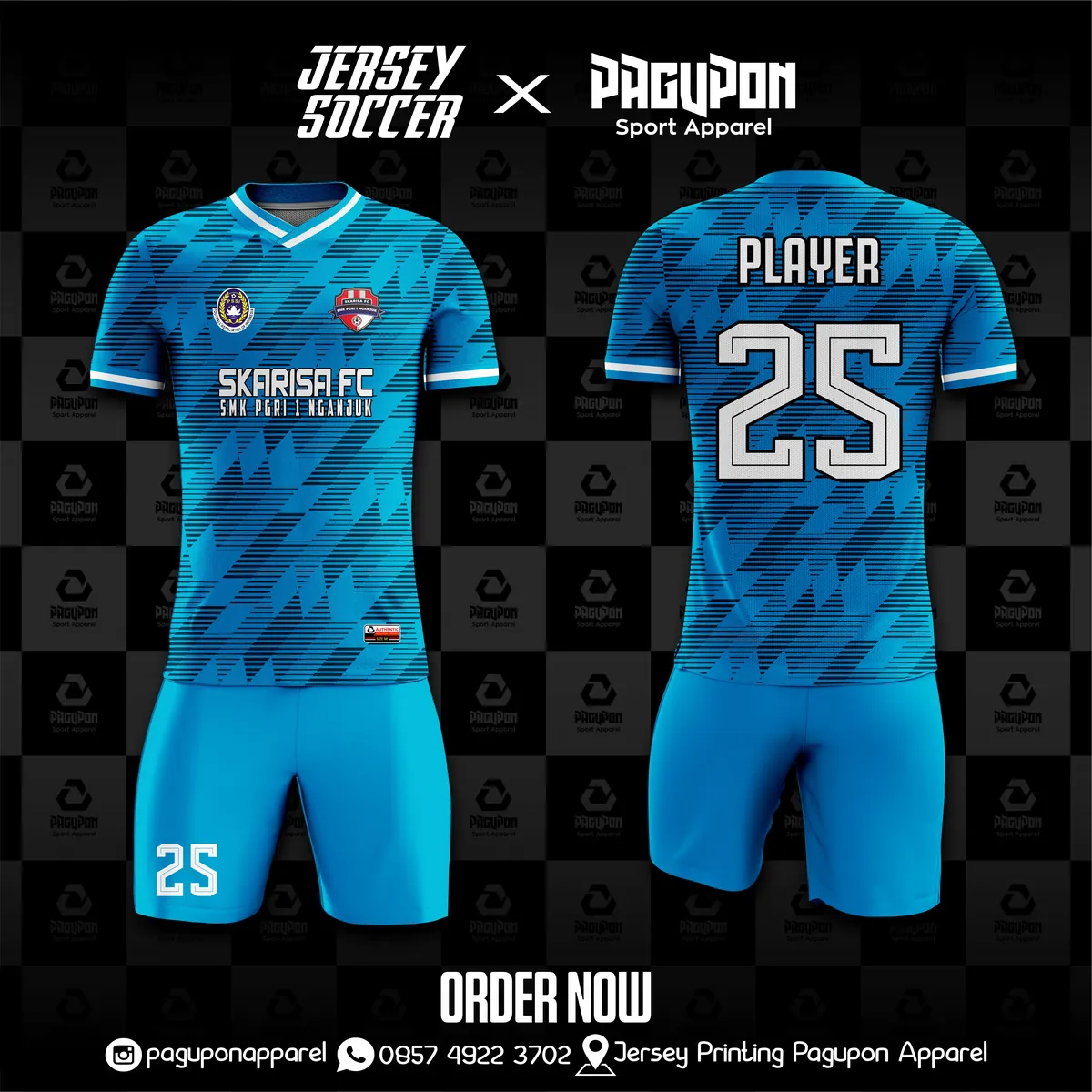 Jersey sekolah dan kelas custom Skarisa FC Biru, warna biru putih, kerah V-Neck, tampak depan dan belakang, varian 3