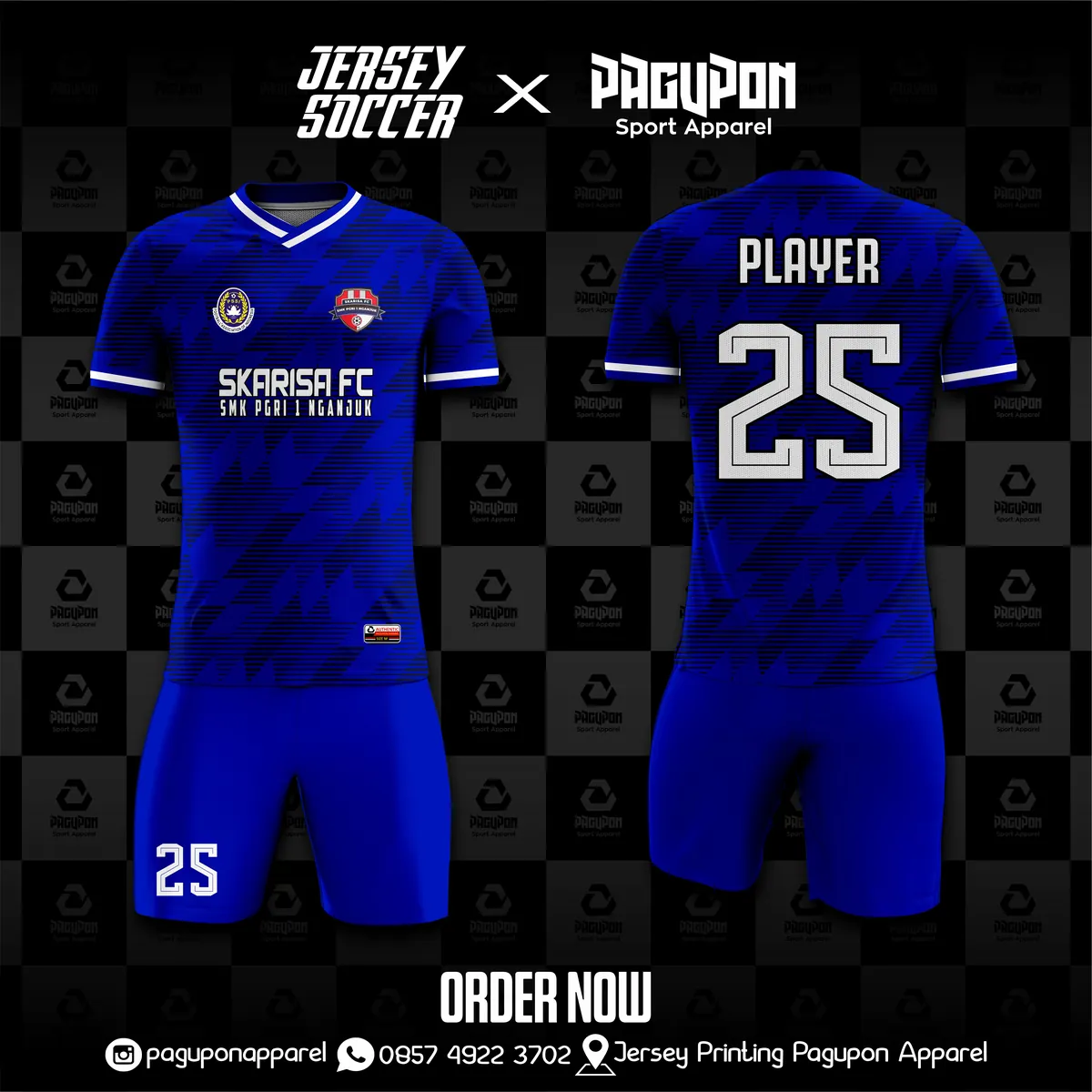 Jersey sekolah dan kelas custom Skarisa FC Biru, warna biru putih, kerah V-Neck, tampak depan dan belakang