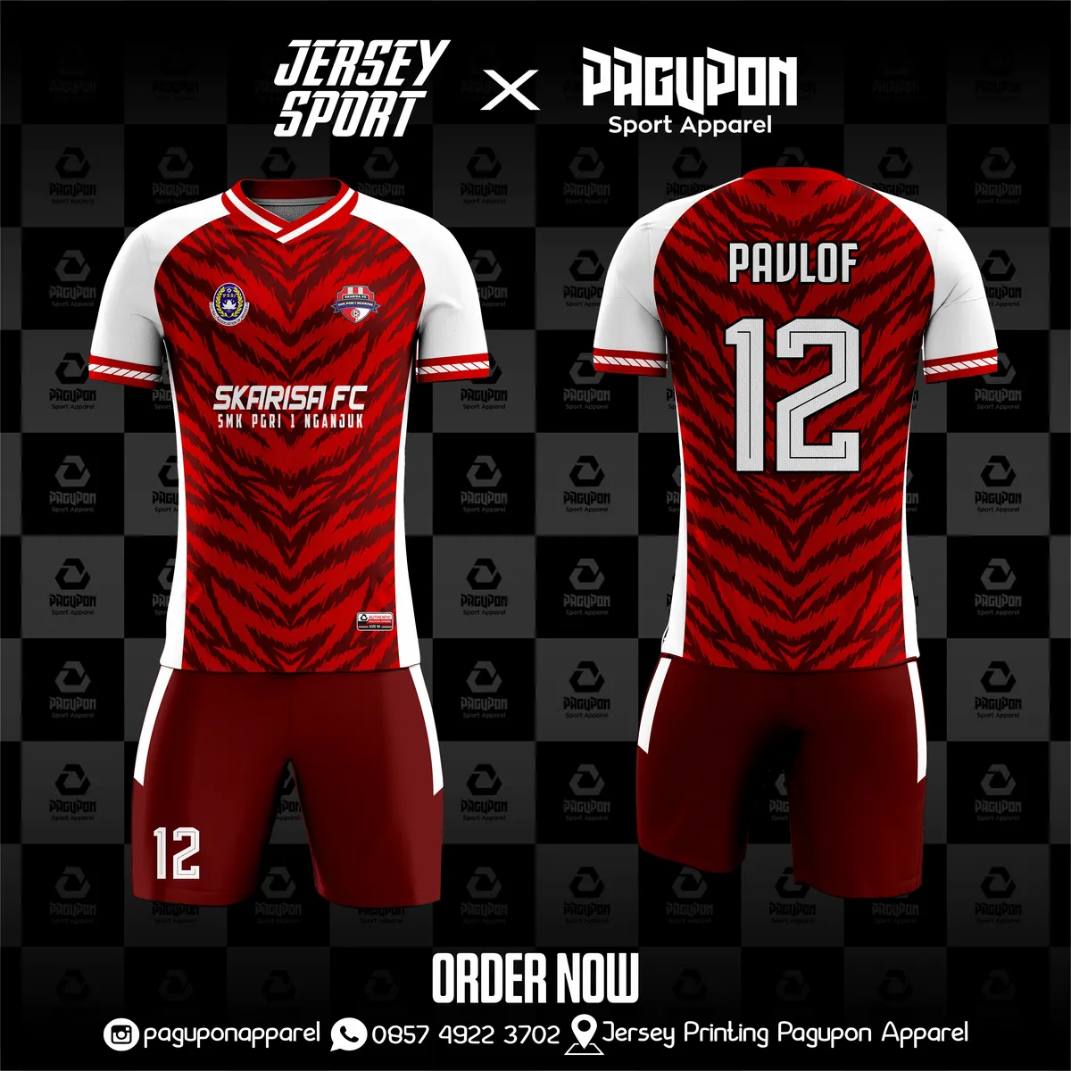 Jersey sekolah dan kelas custom Skarisa FC Maroon, warna maroon putih, kerah V-Neck, tampak depan dan belakang