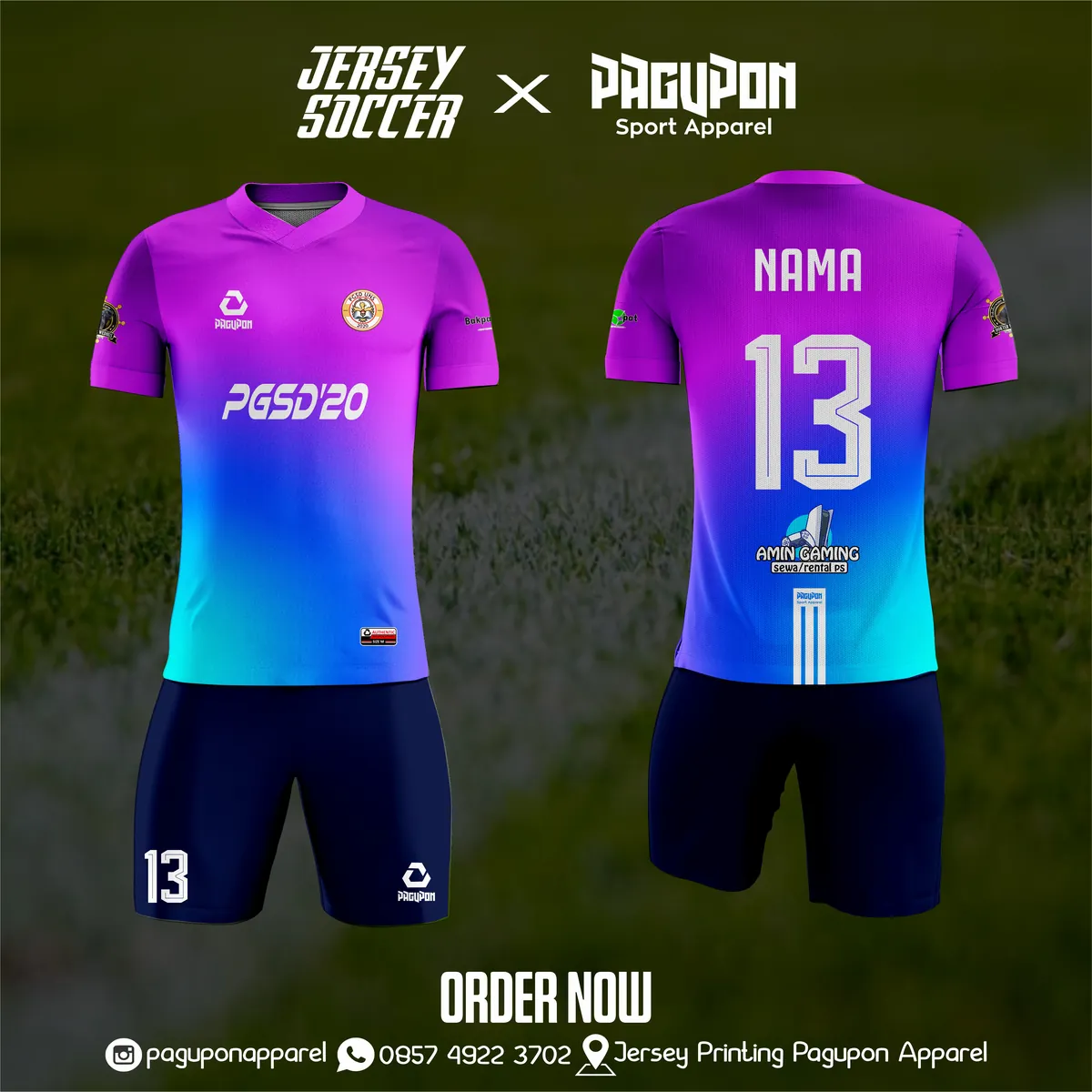 Jersey sekolah dan kelas custom PGSD'20 Ungu, warna ungu biru muda, kerah V-Neck, tampak depan dan belakang