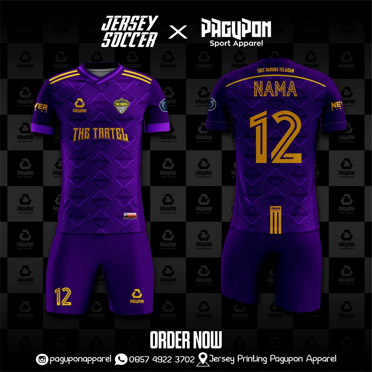 Jersey sekolah dan kelas custom The Tartel United Ungu, warna ungu pink, kerah V-Neck, tampak depan dan belakang, varian 2