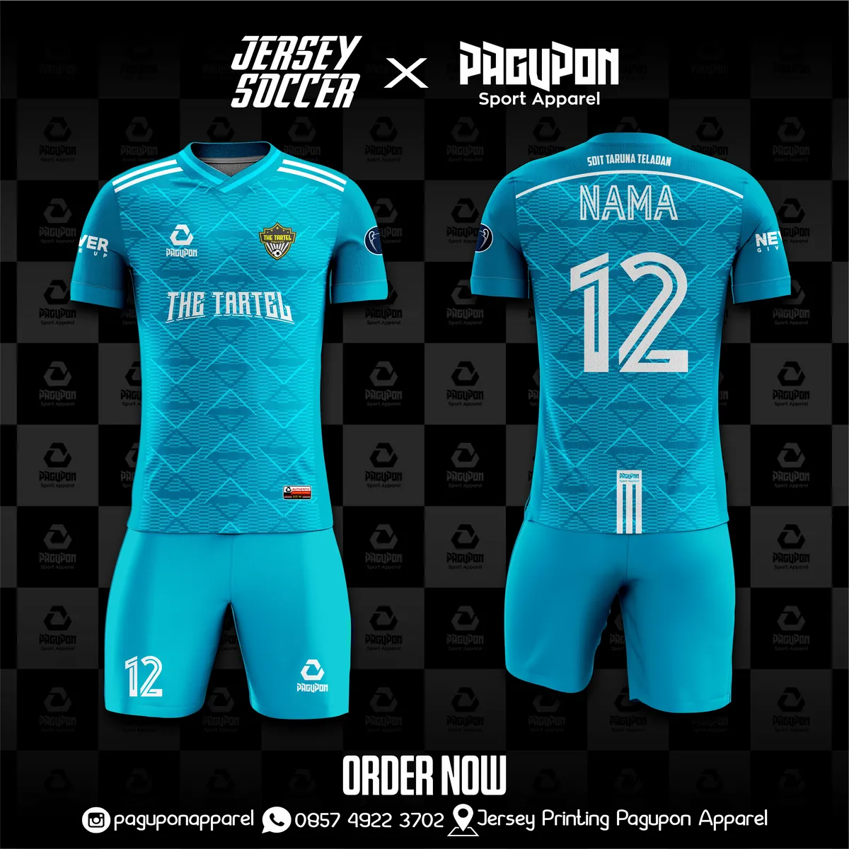 Jersey sekolah dan kelas custom The Tartel United Ungu, warna ungu pink, kerah V-Neck, tampak depan dan belakang, varian 3