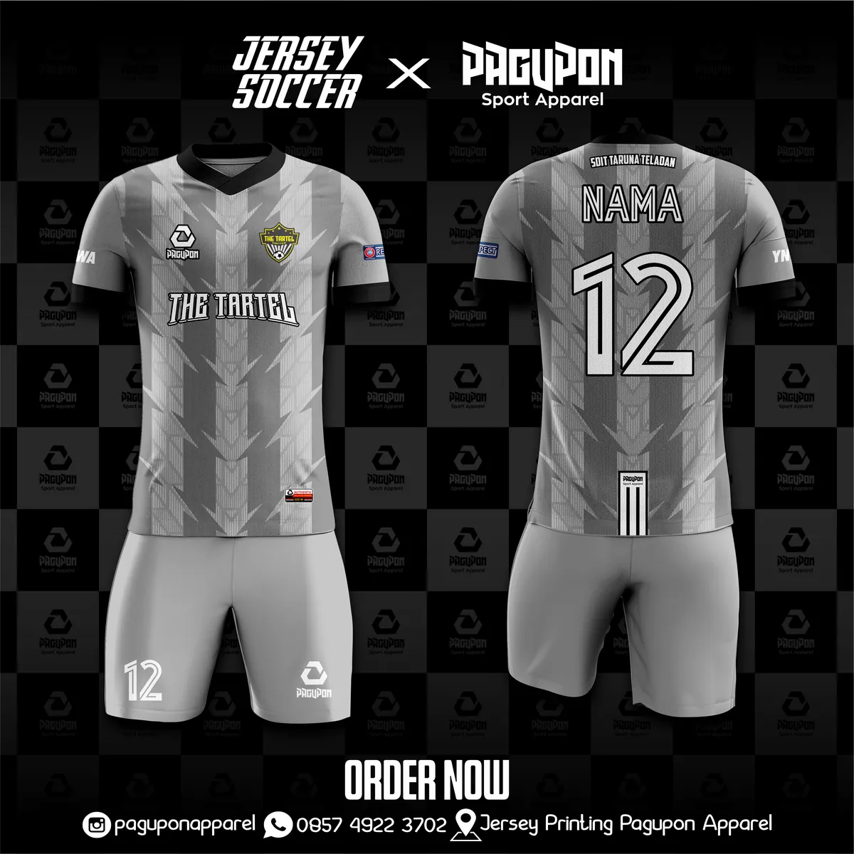 Jersey sekolah dan kelas custom The Tartel United Ungu, warna ungu pink, kerah V-Neck, tampak depan dan belakang, varian 4