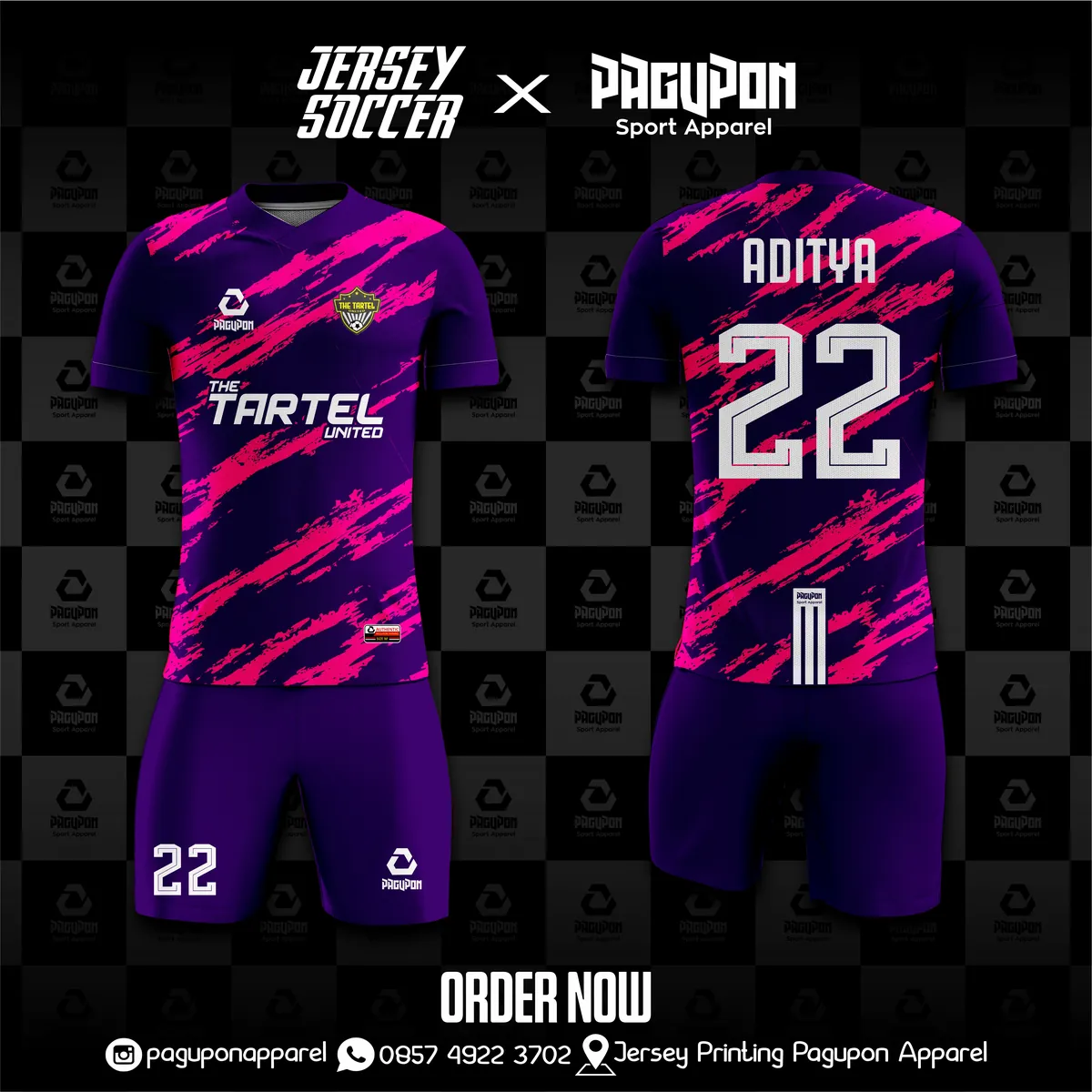 Jersey sekolah dan kelas custom The Tartel United Ungu, warna ungu pink, kerah V-Neck, tampak depan dan belakang