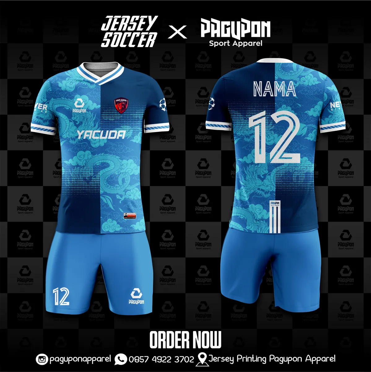 Jersey sekolah dan kelas custom Yacuda Biru Muda, warna biru muda navy, kerah V-Neck, tampak depan dan belakang