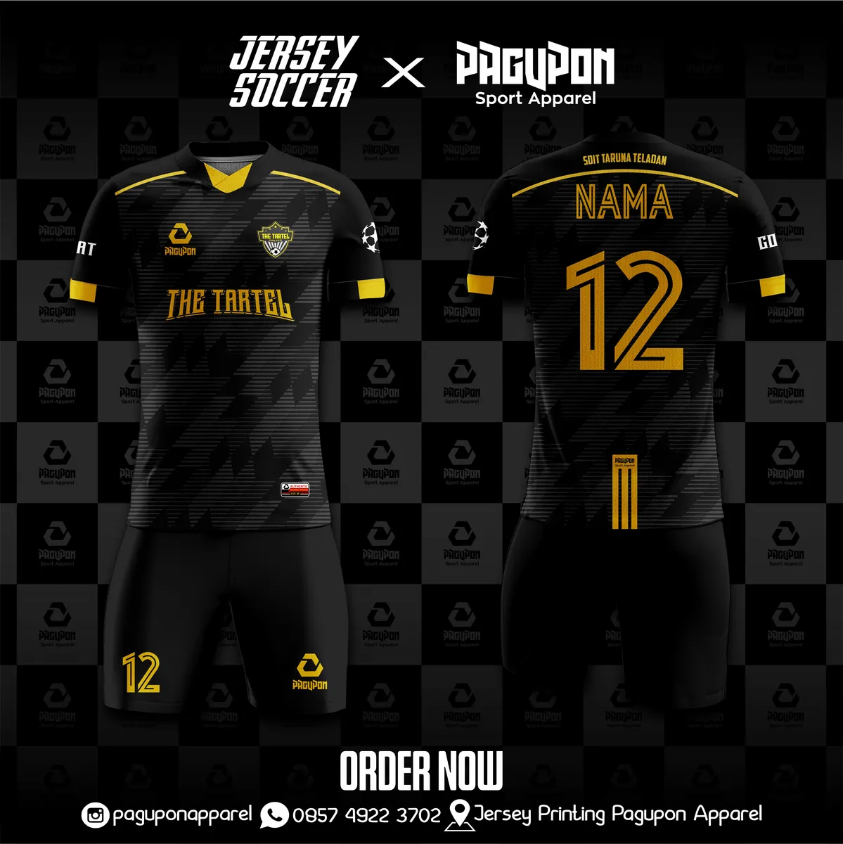 Jersey sekolah dan kelas custom The Tartel Emas, warna emas hitam, kerah V-Neck, tampak depan dan belakang, varian 2
