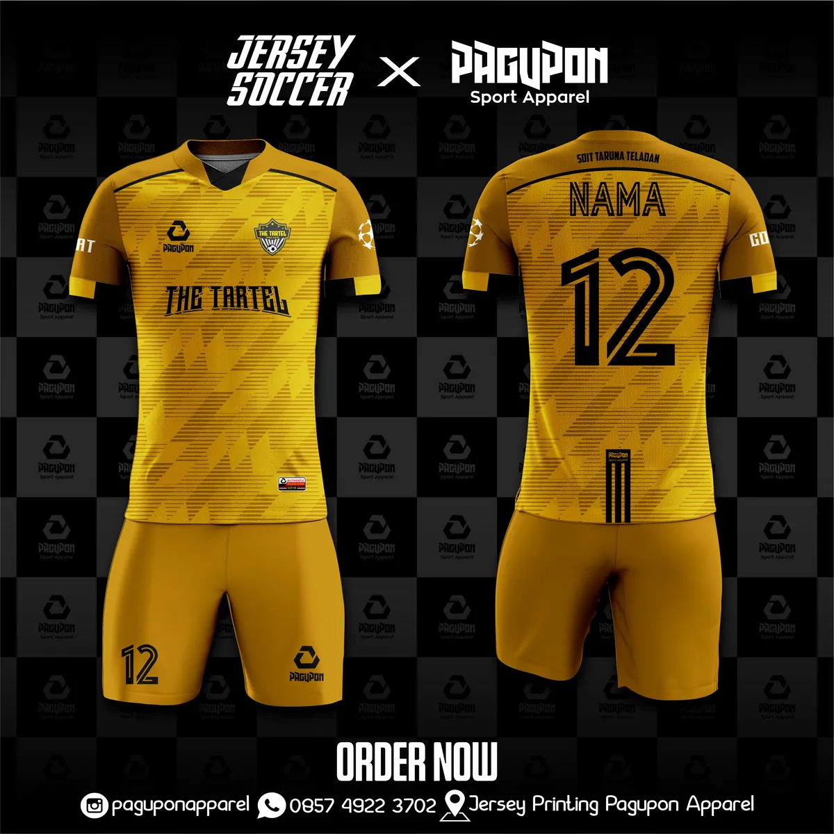 Jersey sekolah dan kelas custom The Tartel Emas, warna emas hitam, kerah V-Neck, tampak depan dan belakang